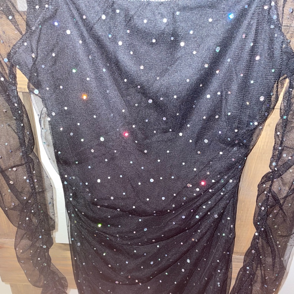 A6 - 311 Double crazy size med black long sleeve sheer & mesh rhinestone dress - Picture 13 of 15